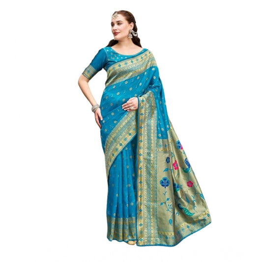 Generic Women's Silk Blend Paithani Weaving Saree With Unstitched Blouse 5.5Mtr (Turquoise)