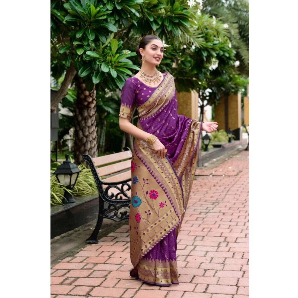 Generic Women's Silk Blend Zari Woven Saree With Unstitched Blouse 5.5Mtr (Purple)