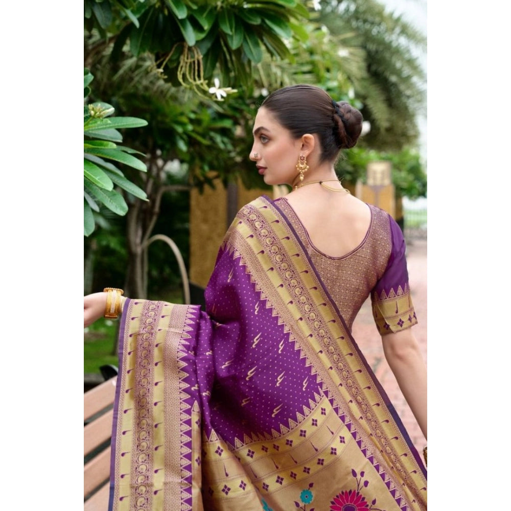 Generic Women's Silk Blend Zari Woven Saree With Unstitched Blouse 5.5Mtr (Purple)