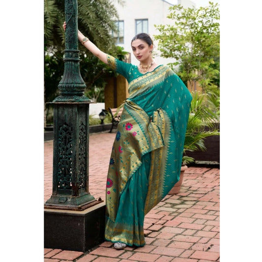 Generic Women's Silk Blend Zari Woven Saree With Unstitched Blouse 5.5Mtr (Teal)