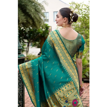 Generic Women's Silk Blend Zari Woven Saree With Unstitched Blouse 5.5Mtr (Teal)
