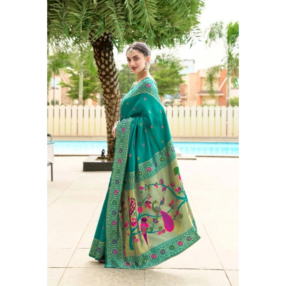 Generic Women's Silk Blend Paithani Weaving Saree With Unstitched Blouse 5.5Mtr (Green)