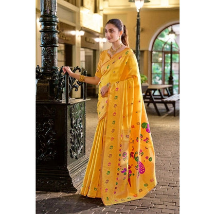 Generic Women's Silk Blend Paithani Weaving Saree With Unstitched Blouse 5.5Mtr (Mustard)