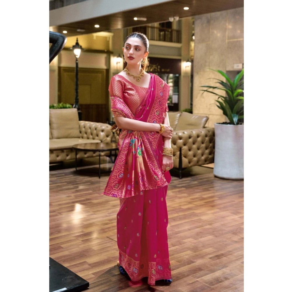 Generic Women's Silk Blend Paithani Weaving Saree With Unstitched Blouse 5.5Mtr (Pink)
