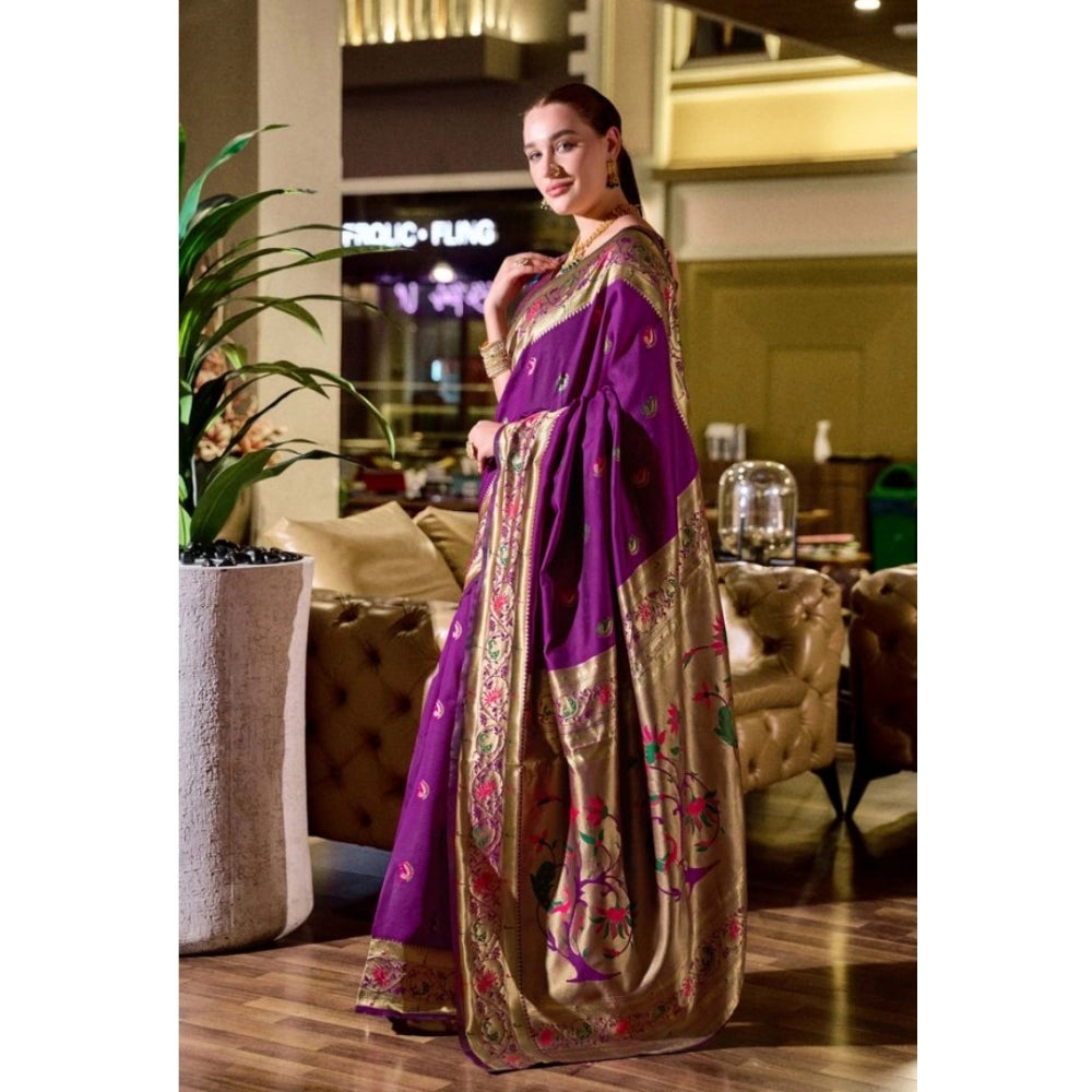 Generic Women's Silk Blend Zari Woven Saree With Unstitched Blouse 5.5Mtr (Purple)