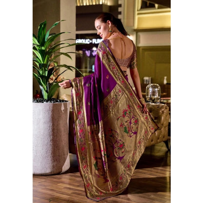 Generic Women's Silk Blend Zari Woven Saree With Unstitched Blouse 5.5Mtr (Purple)