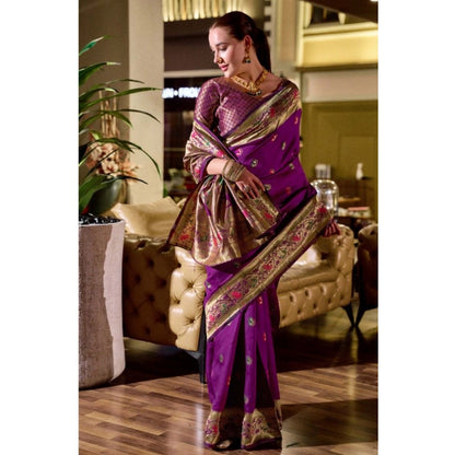 Generic Women's Silk Blend Zari Woven Saree With Unstitched Blouse 5.5Mtr (Purple)