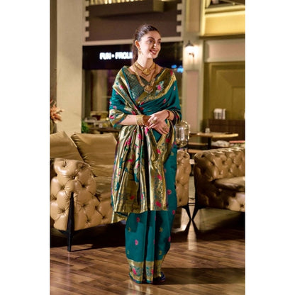 Generic Women's Silk Blend Zari Woven Saree With Unstitched Blouse 5.5Mtr (Teal)