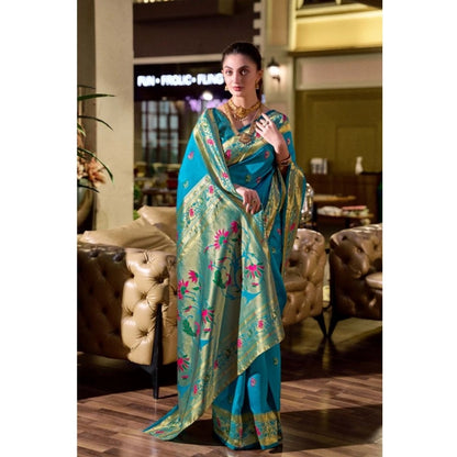 Generic Women's Silk Blend Zari Woven Saree With Unstitched Blouse 5.5Mtr (Turquoise)