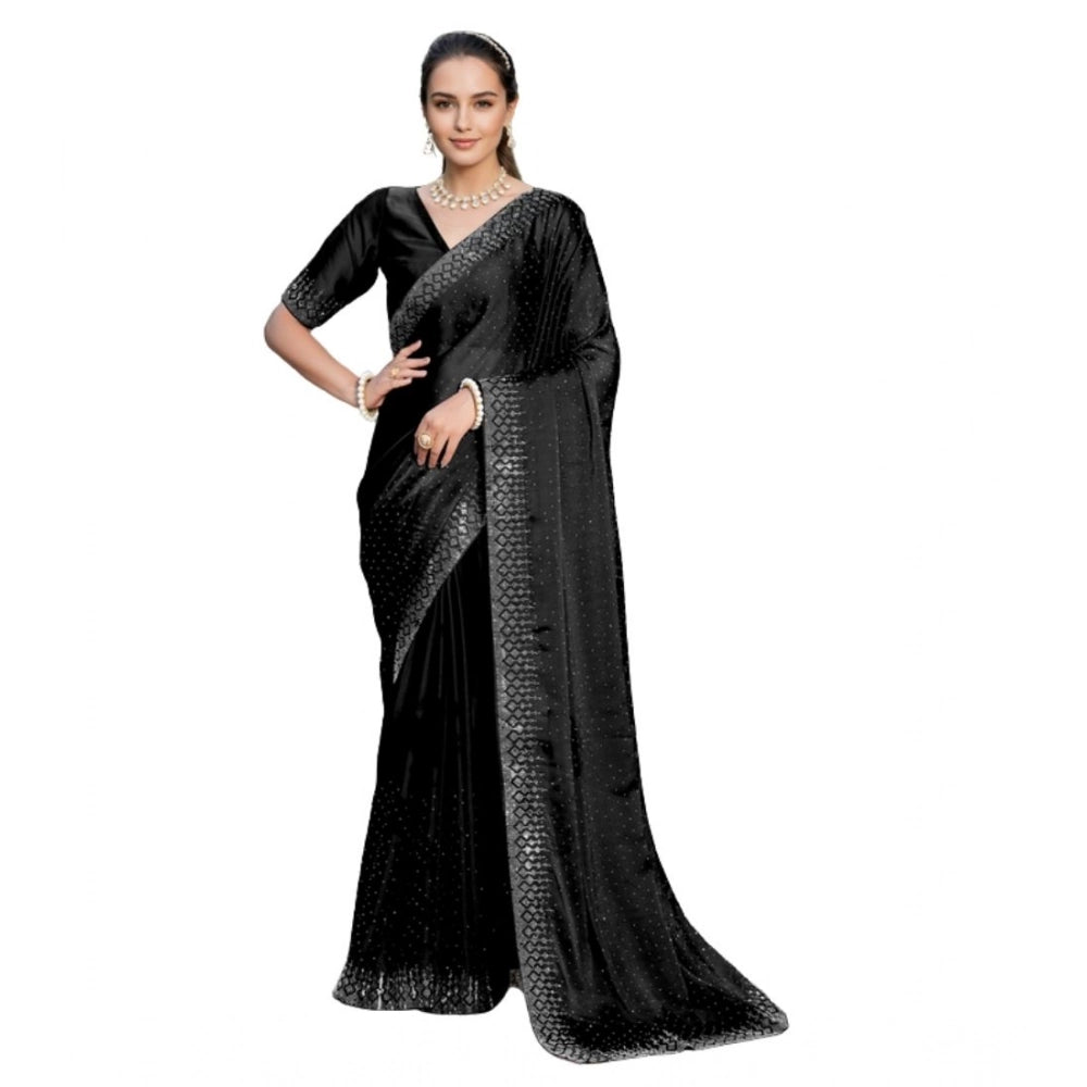 Generic Women's Rangoli Diamond Weaving - Stone Work Saree With Unstitched Blouse 5.5Mtr (Black)