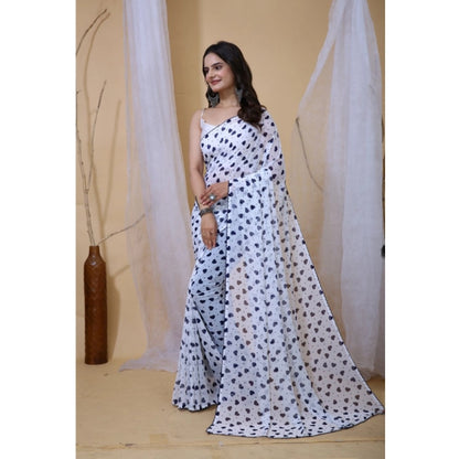 Generic Women's Georgette Printed Saree With Unstitched Blouse 5.5Mtr (White-Blue)