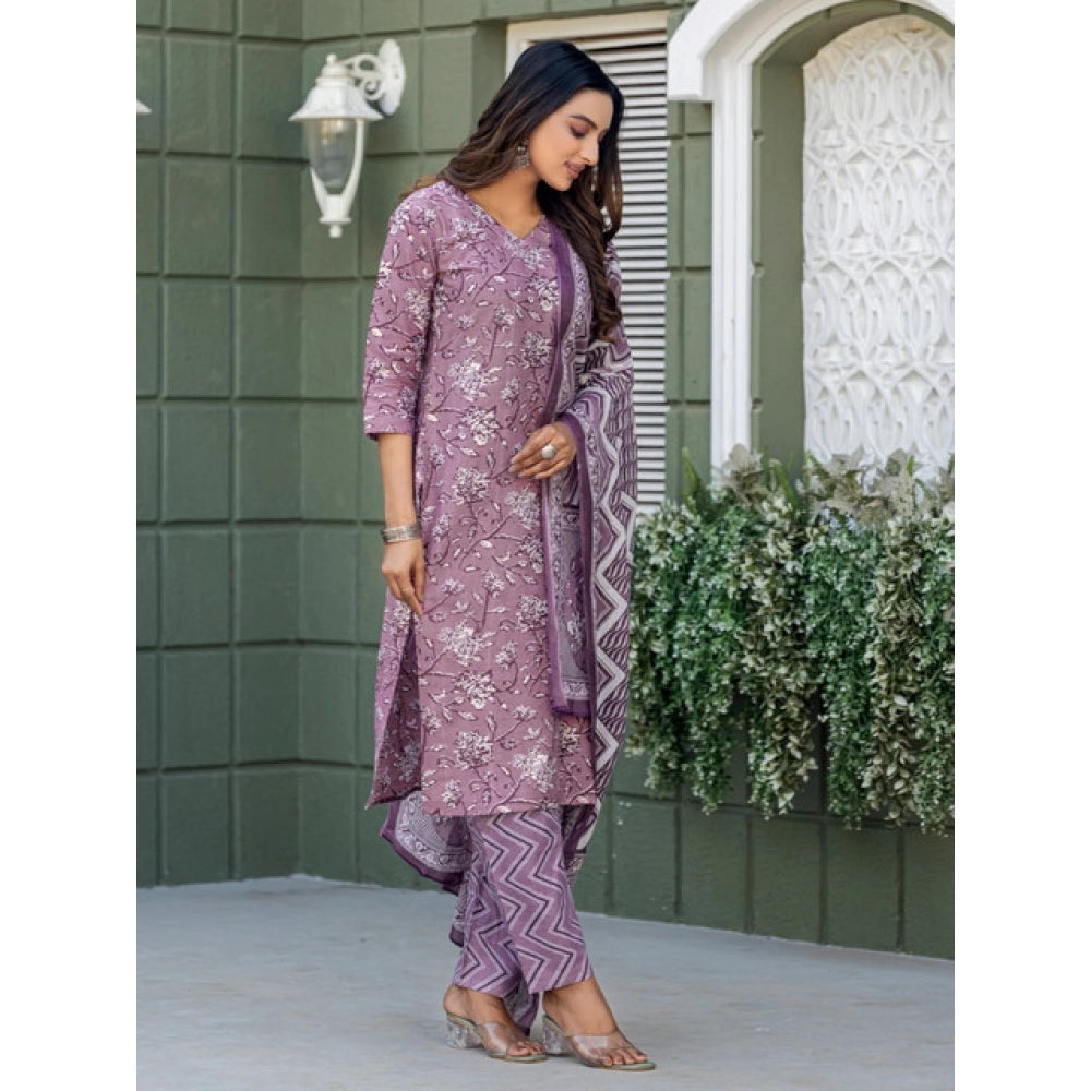 Generic Women's Cotton Blend Printed Kurti With Pant Dupatta Set (Lavender)
