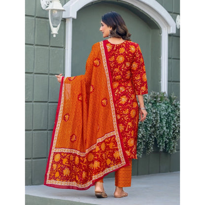 Generic Women's Cotton Blend Printed Kurti With Pant Dupatta Set (Maroon)