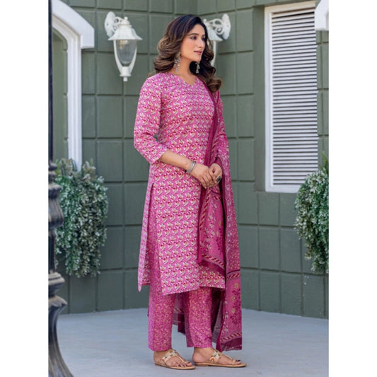 Generic Women's Cotton Blend Printed Kurti With Pant Dupatta Set (Pink)