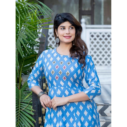 Generic Women's Rayon Print With Embroidery Work A-Line Kurti (Sky Blue)