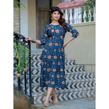 Generic Women's Rayon Print With Embroidery Work A-Line Kurti (Navy Blue)