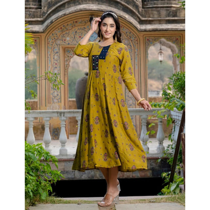 Generic Women's Rayon Print With Embroidery Work A-Line Kurti (Mehendi)