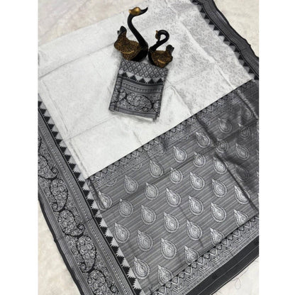 Generic Women's Soft Lichi Silk Printed Saree With Unstitched Blouse 5.5Mtr (Off-White)