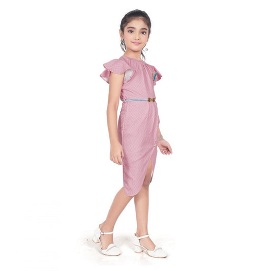Generic Girl's Knitted Striped Short Sleeve Close Neck Dress (Pink)