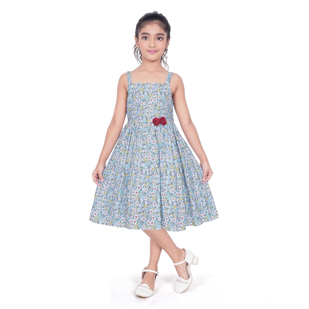 Generic Girl's Cotton Printed Sleeve Less Squre Neck Dress (Multicolor)