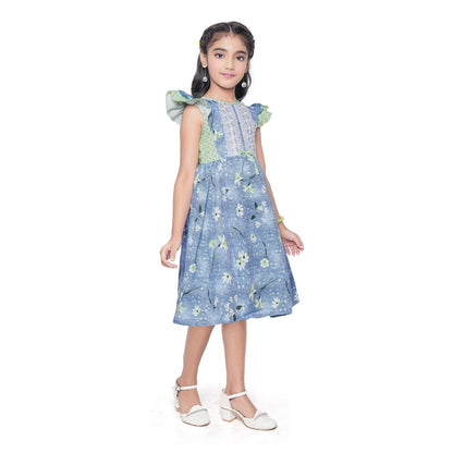 Generic Girl's Twill Printed Short Sleeve Round Neck Dress (Green)
