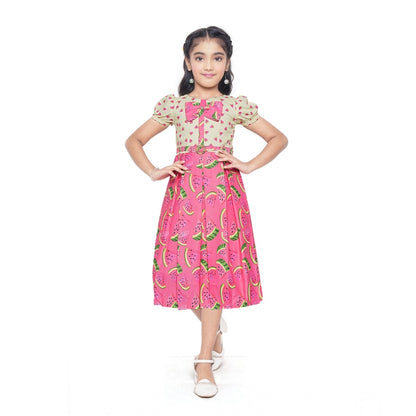 Generic Girl's Twill Printed Short Sleeve Round Neck Dress (Pink)
