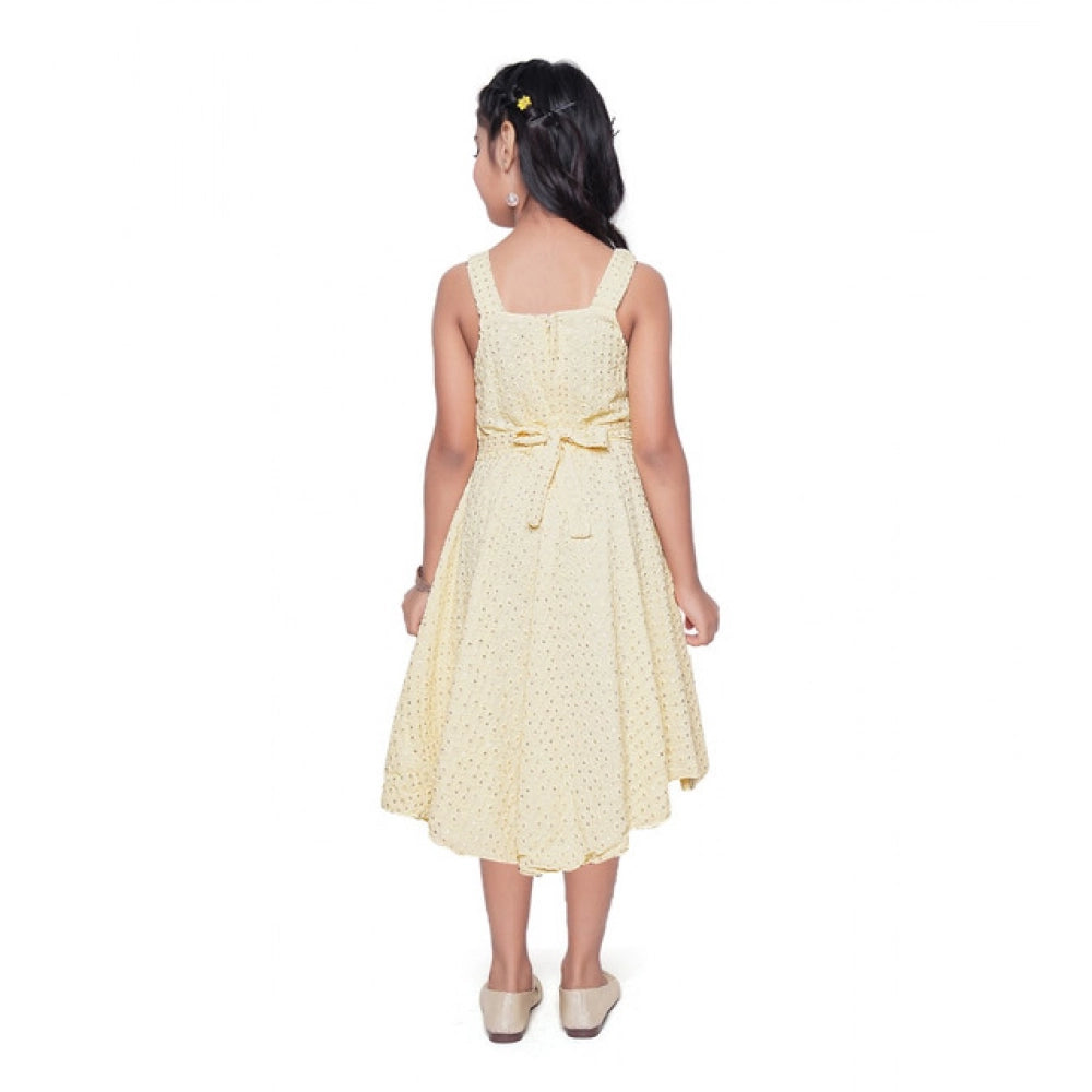 Generic Girl's Shiffon Chicken Printed Sleeve Less Round Neck Dress (Yellow)