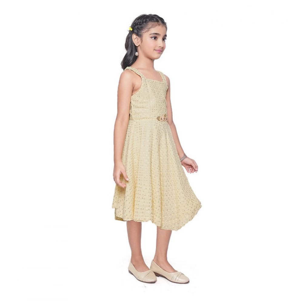 Generic Girl's Shiffon Chicken Printed Sleeve Less Round Neck Dress (Yellow)