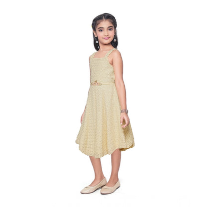 Generic Girl's Shiffon Chicken Printed Sleeve Less Round Neck Dress (Yellow)