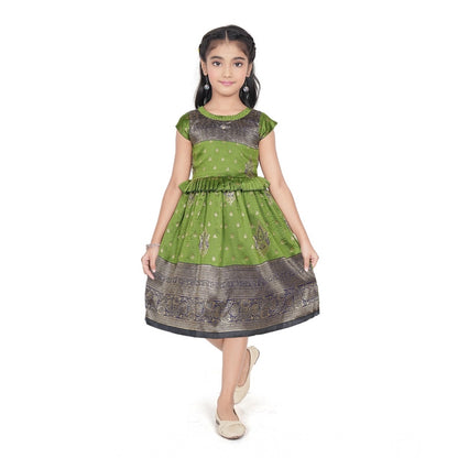 Generic Girl's Brocket Printed Short Sleeve Round Neck Dress (Green)