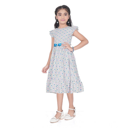 Generic Girl's Twill Printed Short Sleeve Round Neck Dress (Grey)