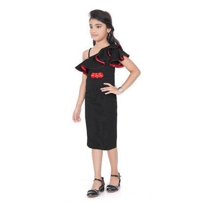 Generic Girl's Knitted Soild Sleeve Less Off Shoulder Dress (Black)