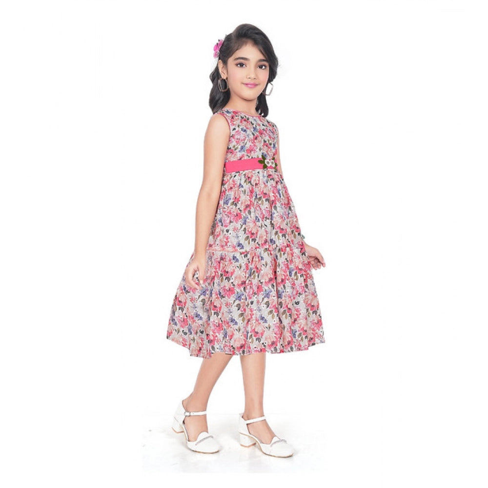 Generic Girl's Digital Chicken Printed Sleeve Less Round Neck Dress (Pink)
