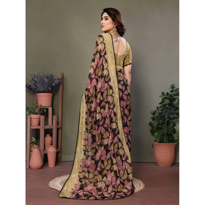 Generic Women's Chiffon Printed Saree With Unstitched Blouse 5.5Mtr (Beige)