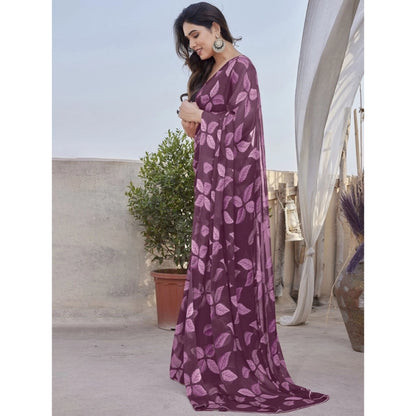 Generic Women's Chiffon Printed Saree With Unstitched Blouse 5.5Mtr (Purple)