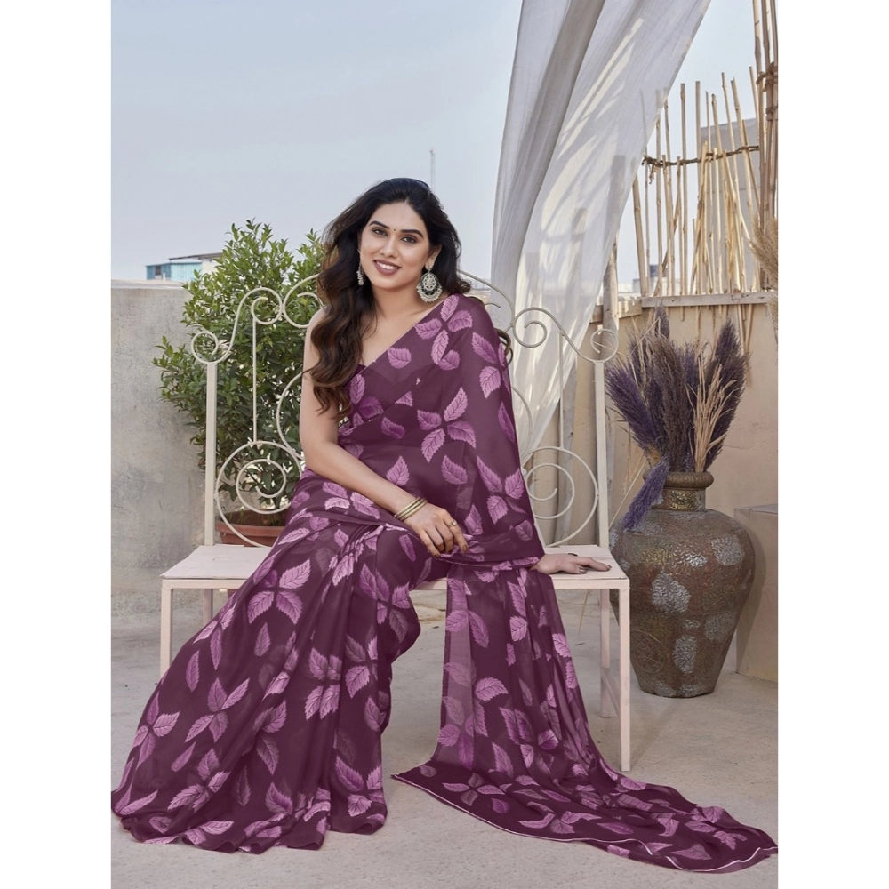 Generic Women's Chiffon Printed Saree With Unstitched Blouse 5.5Mtr (Purple)