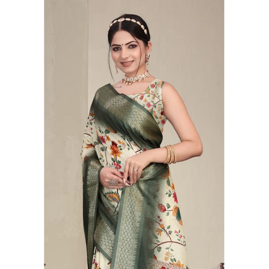 Generic Women's Cotton Silk  Printed Saree With Unstitched Blouse 5.5Mtr (Green)