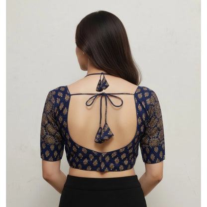 Generic Women's Ajrakh Cotton Printed Sweetheart Padded Blouse (Navy 38 Ready (Self Alterable 36–40)