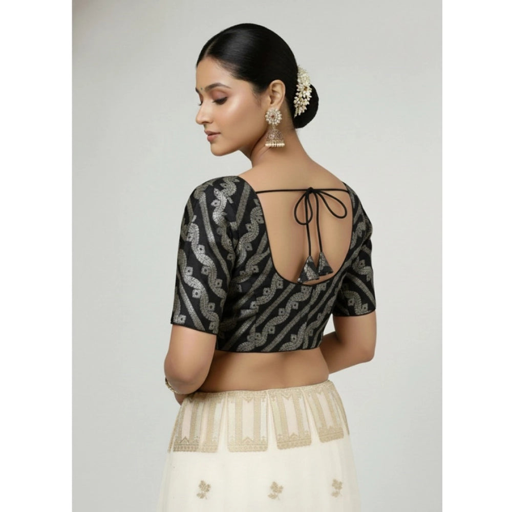 Generic Women's Jacquard Zari Round Neck Padded Blouse (Black 38 Ready (Self Alterable 36–40)