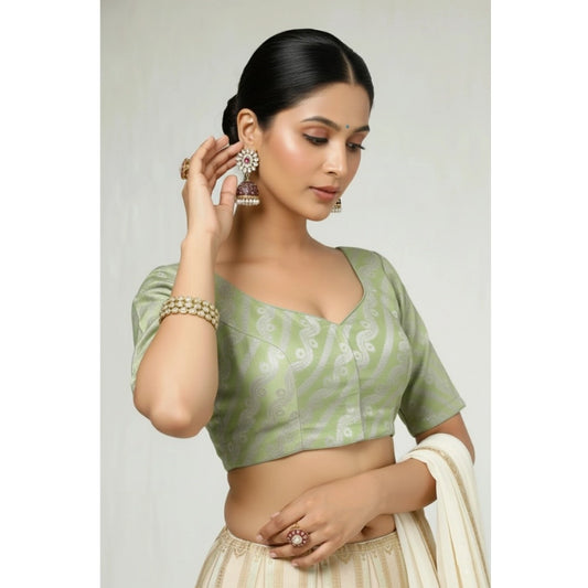 Generic Women's Jacquard Zari Round Neck Padded Blouse (Light Green 38 Ready (Self Alterable 36–40)