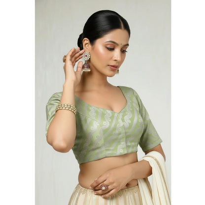 Generic Women's Jacquard Zari Round Neck Padded Blouse (Light Green 38 Ready (Self Alterable 36–40)