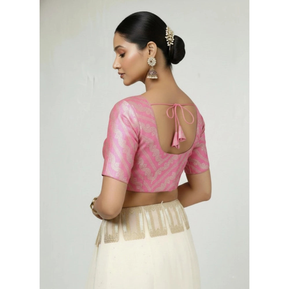Generic Women's Jacquard Zari Round Neck Padded Blouse (Light Pink 38 Ready (Self Alterable 36–40)