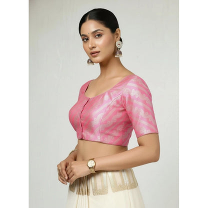 Generic Women's Jacquard Zari Round Neck Padded Blouse (Light Pink 38 Ready (Self Alterable 36–40)