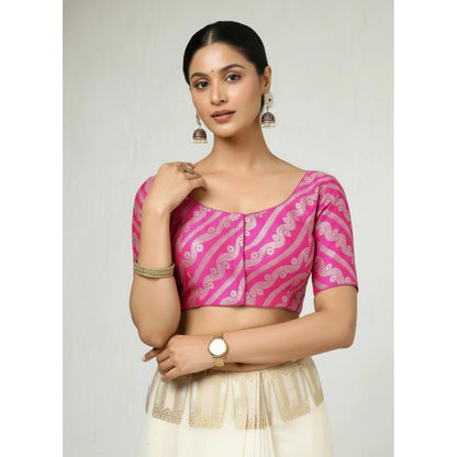 Generic Women's Jacquard Zari Round Neck Padded Blouse (Pink 38 Ready (Self Alterable 36–40)