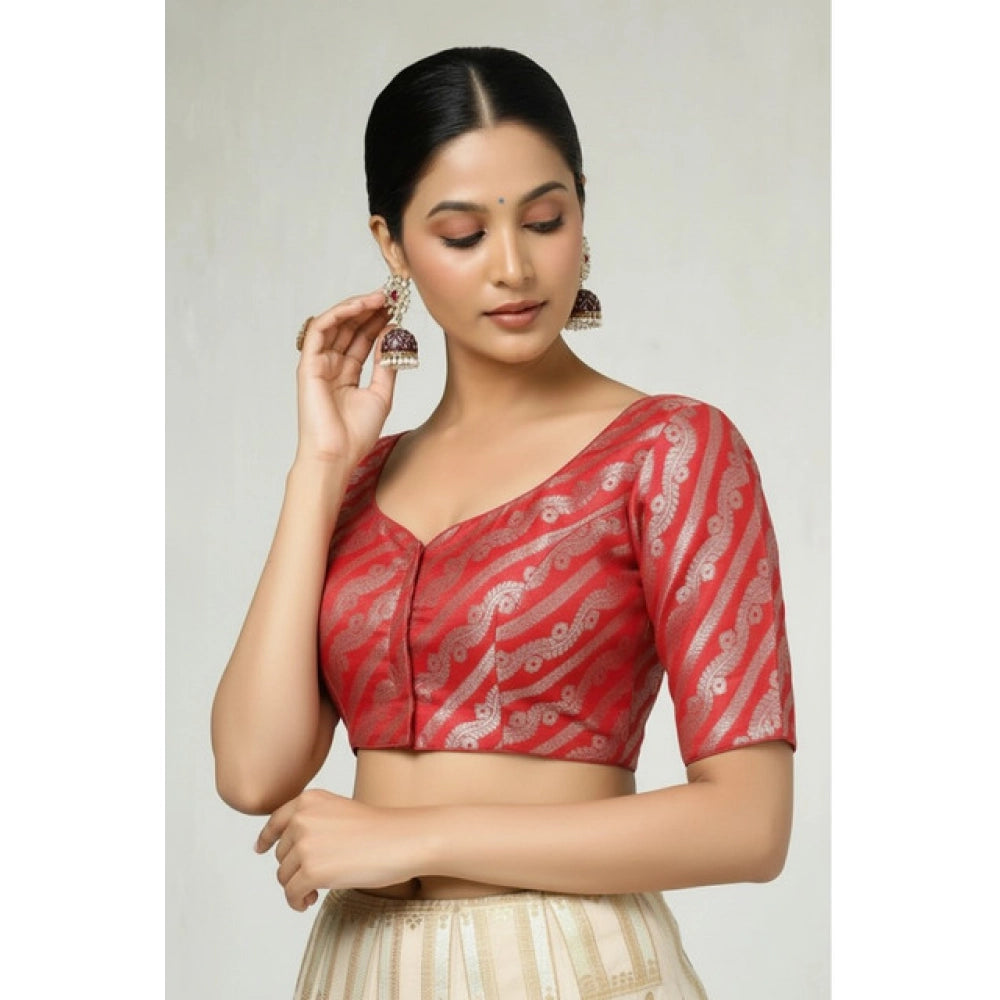 Generic Women's Jacquard Zari Round Neck Padded Blouse (Red 38 Ready (Self Alterable 36–40)