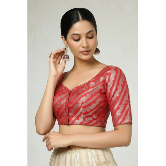 Generic Women's Jacquard Zari Round Neck Padded Blouse (Red 38 Ready (Self Alterable 36–40)