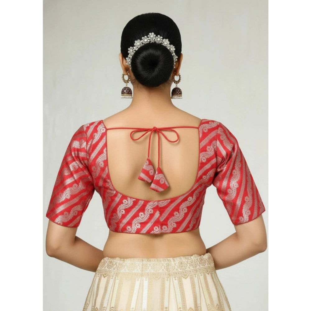 Generic Women's Jacquard Zari Round Neck Padded Blouse (Red 38 Ready (Self Alterable 36–40)