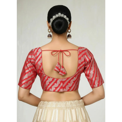 Generic Women's Jacquard Zari Round Neck Padded Blouse (Red 38 Ready (Self Alterable 36–40)