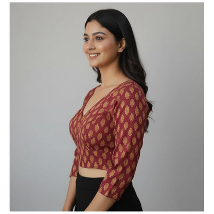 Generic Women's Ajrakh Cotton Printed Halter Neck Padded Blouse (Maroon 38 Ready (Self Alterable 36–40)