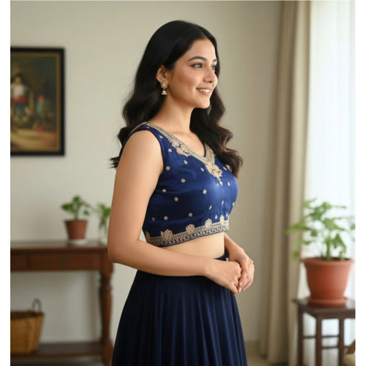 Generic Women's Zimmi Choo Embroidered V-Neck Padded Blouse (Navy 38 Ready (Self Alterable 36–40)